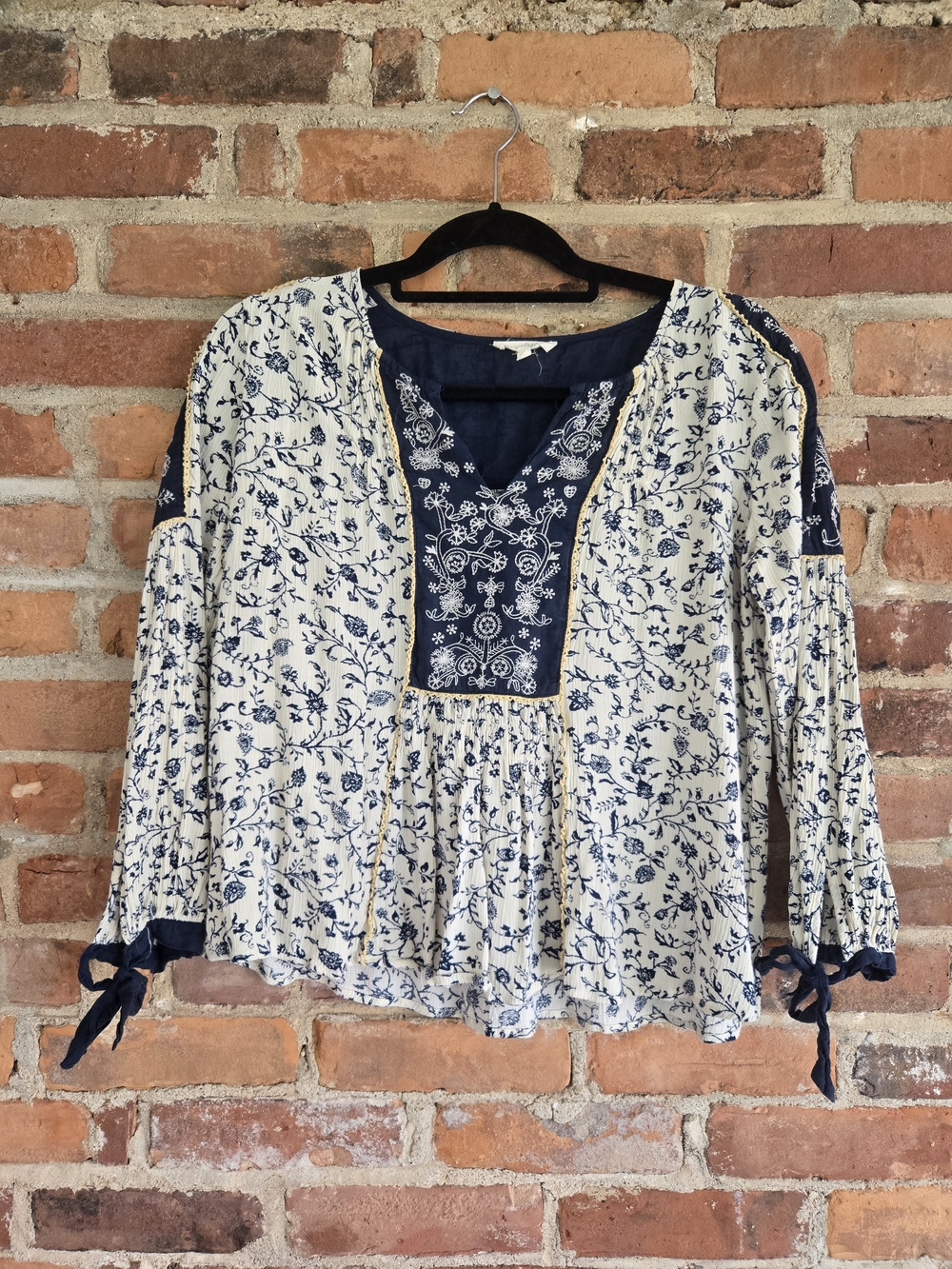Mystree Navy and Cream Floral Embroidered Peasant Top